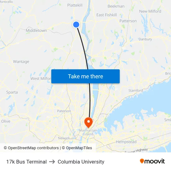17k Bus Terminal to Columbia University map