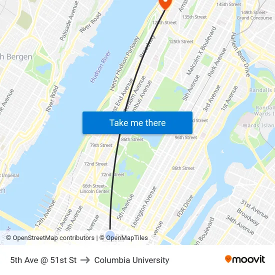 5th Ave @ 51st St to Columbia University map