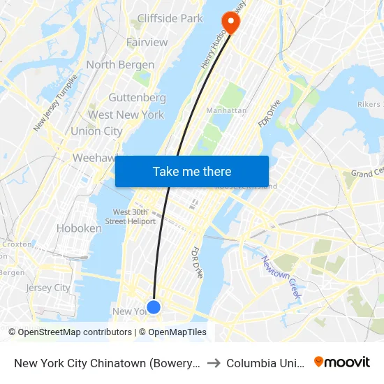 New York City Chinatown (Bowery & Canal St) to Columbia University map