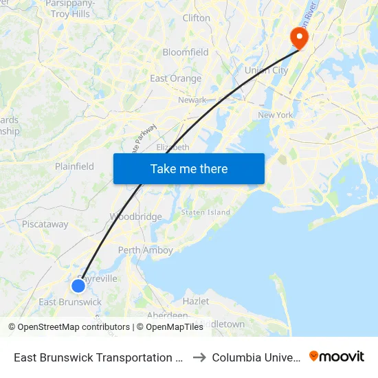 East Brunswick Transportation Center to Columbia University map
