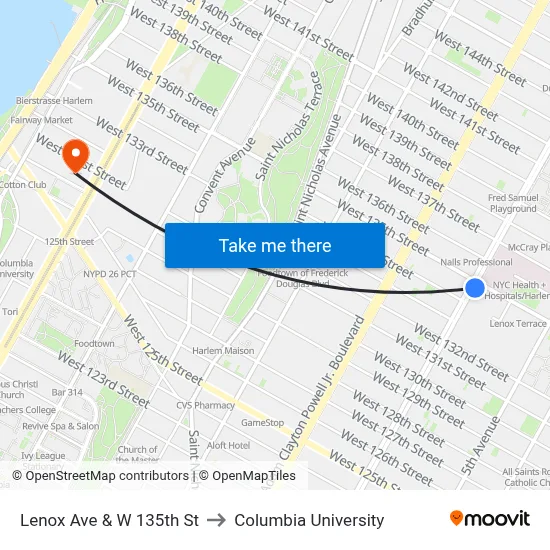 Lenox Ave & W 135th St to Columbia University map