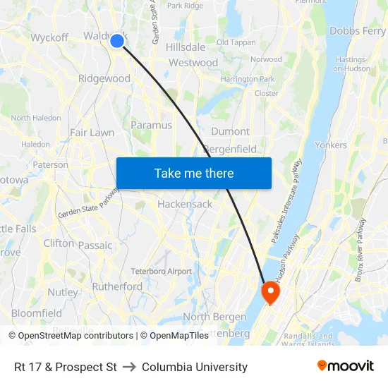 Rt 17 & Prospect St to Columbia University map