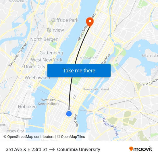 3rd Ave & E 23rd St to Columbia University map