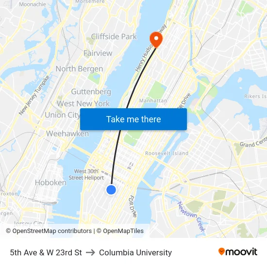 5th Ave & W 23rd St to Columbia University map