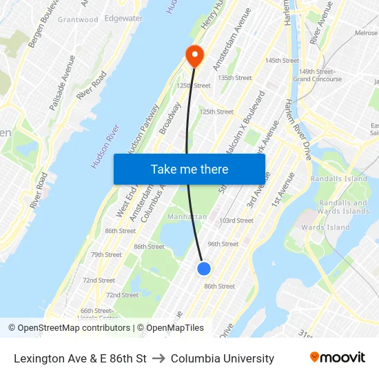 Lexington Ave & E 86th St to Columbia University map
