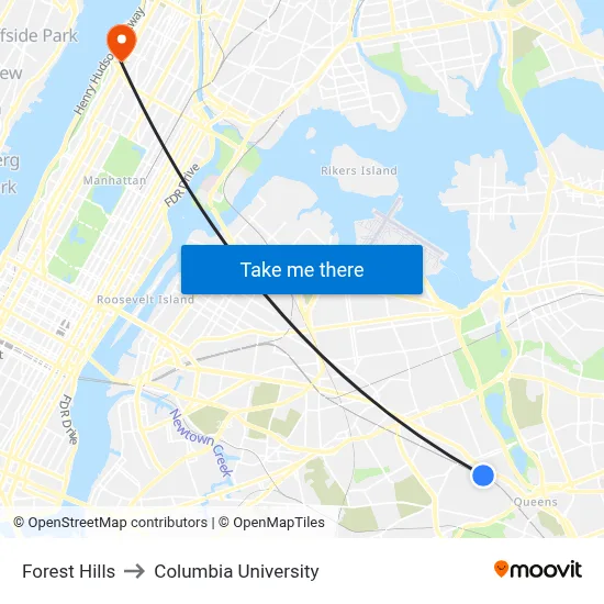 Forest Hills to Columbia University map