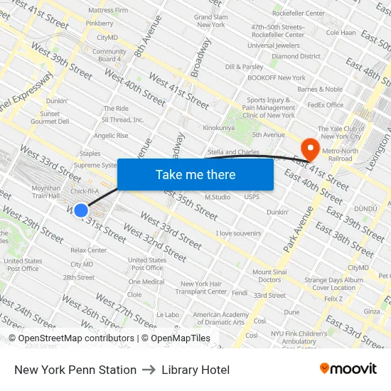 New York Penn Station to Library Hotel map