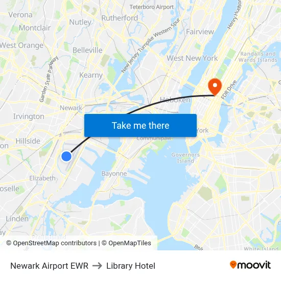 Newark Airport EWR to Library Hotel map