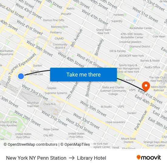 New York NY Penn Station to Library Hotel map