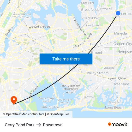 Gerry Pond Park to Downtown map