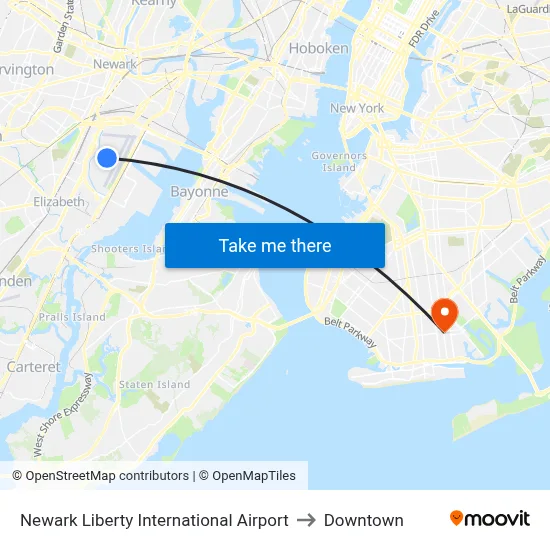 Newark Liberty International Airport to Downtown map