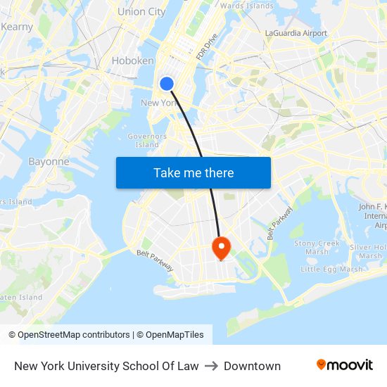 New York University School Of Law to Downtown map