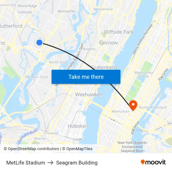 MetLife Stadium to Seagram Building map
