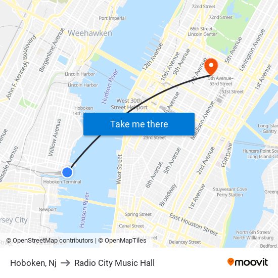 Hoboken, Nj to Radio City Music Hall map