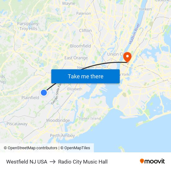 Westfield NJ USA to Radio City Music Hall map