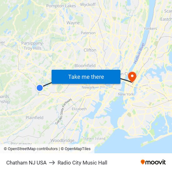 Chatham NJ USA to Radio City Music Hall map