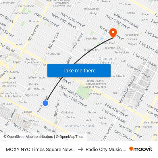 MOXY NYC Times Square New York to Radio City Music Hall map