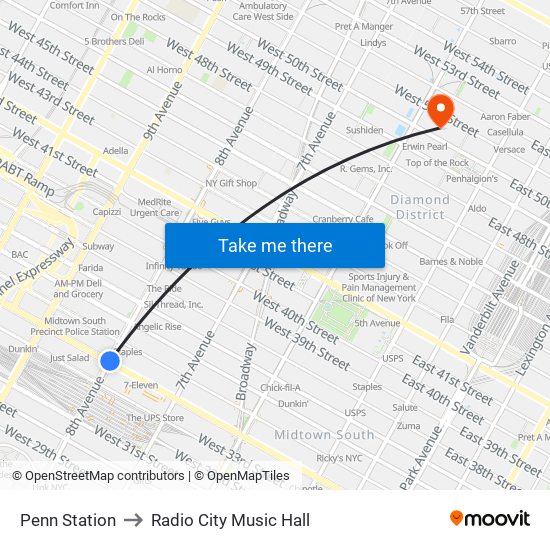 Penn Station to Radio City Music Hall map
