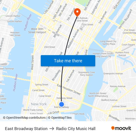 East Broadway Station to Radio City Music Hall map