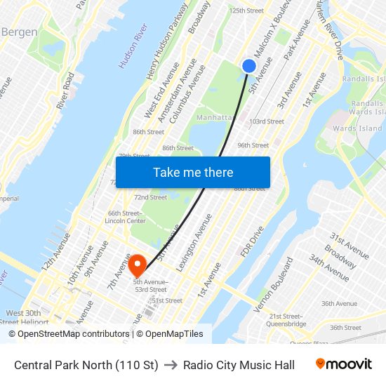 Central Park North (110 St) to Radio City Music Hall map