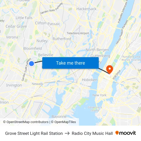 Grove Street Light Rail Station to Radio City Music Hall map