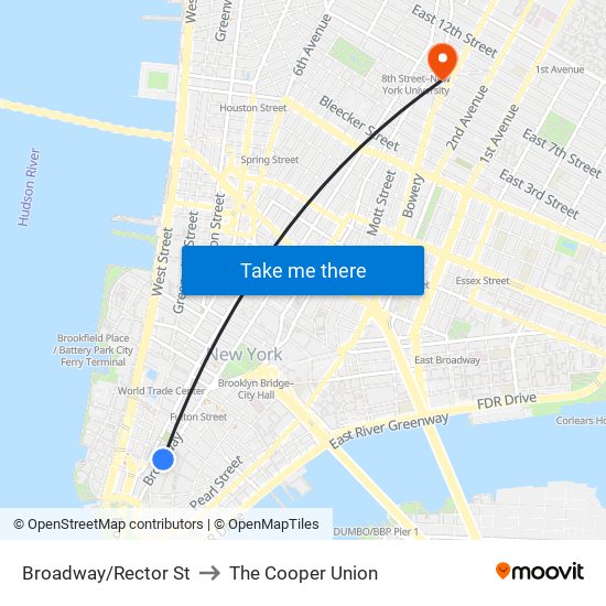 Broadway/Rector St to The Cooper Union map