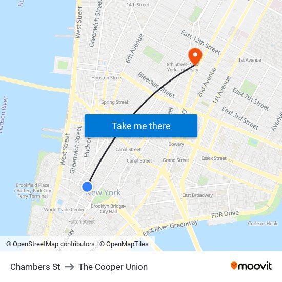 Chambers St to The Cooper Union map