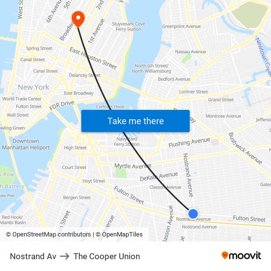 Nostrand Av to The Cooper Union map