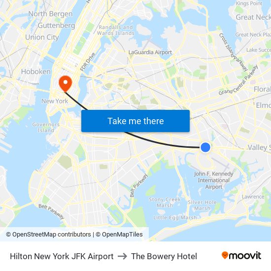 Hilton New York JFK Airport to The Bowery Hotel map