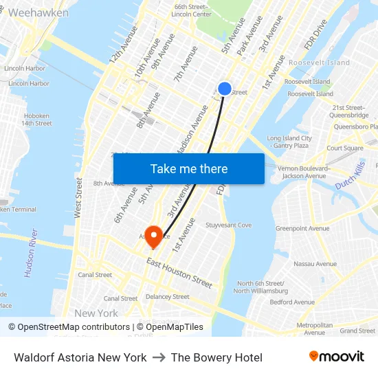 Waldorf Astoria New York to The Bowery Hotel map