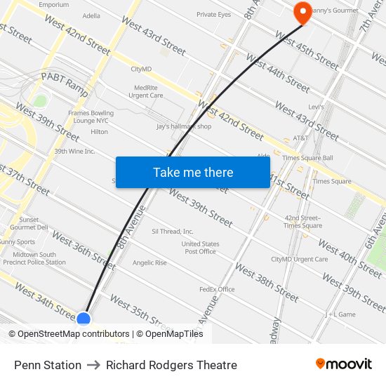 Penn Station to Richard Rodgers Theatre map