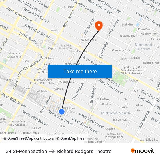 34 St-Penn Station to Richard Rodgers Theatre map