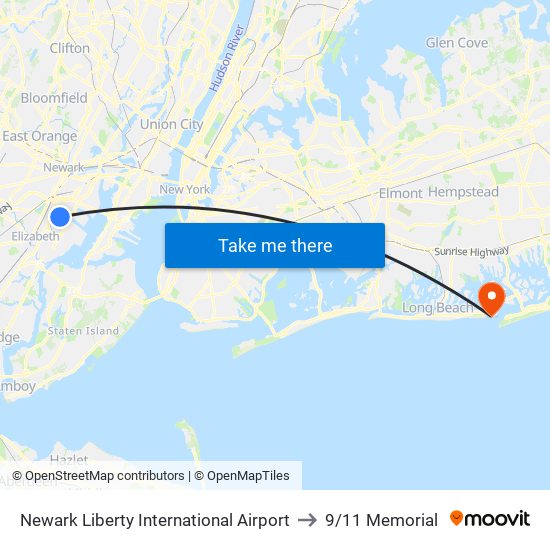 Newark Liberty International Airport to 9/11 Memorial map