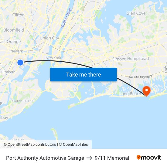 Port Authority Automotive Garage to 9/11 Memorial map