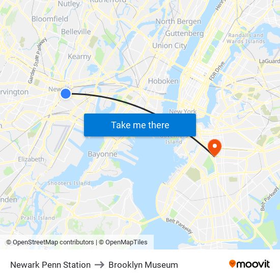 Newark Penn Station to Brooklyn Museum map