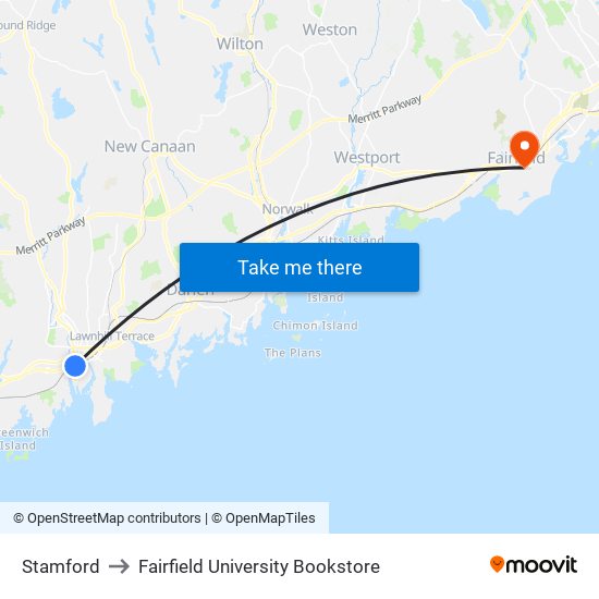 Stamford to Fairfield University Bookstore map