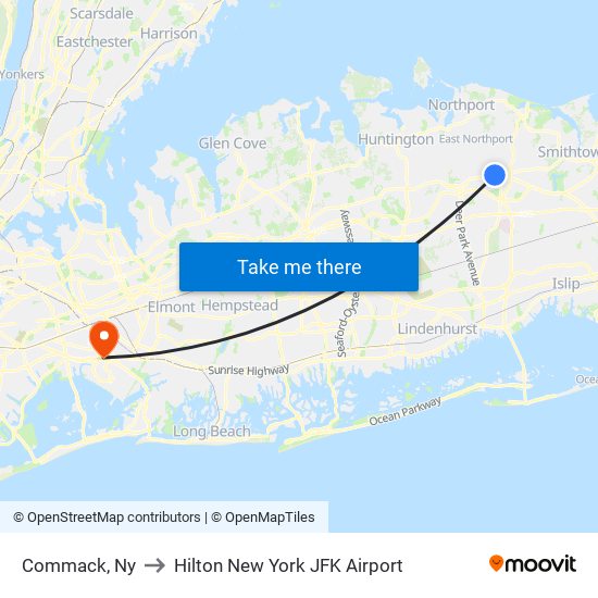 Commack, Ny to Hilton New York JFK Airport map