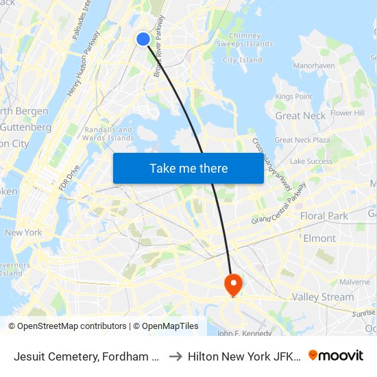 Jesuit Cemetery, Fordham University to Hilton New York JFK Airport map