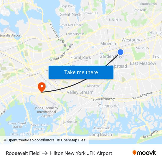 Roosevelt Field to Hilton New York JFK Airport map