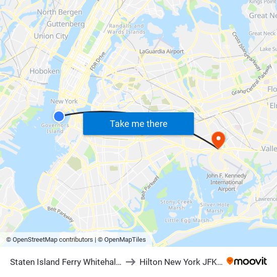 Staten Island Ferry Whitehall Terminal to Hilton New York JFK Airport map