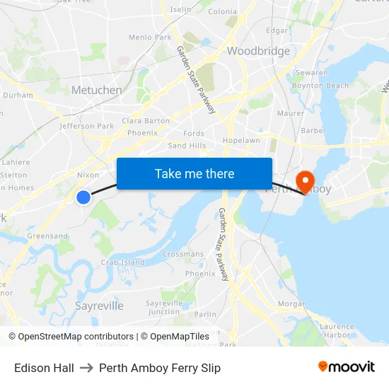 Edison Hall to Perth Amboy Ferry Slip map
