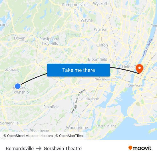 Bernardsville to Gershwin Theatre map