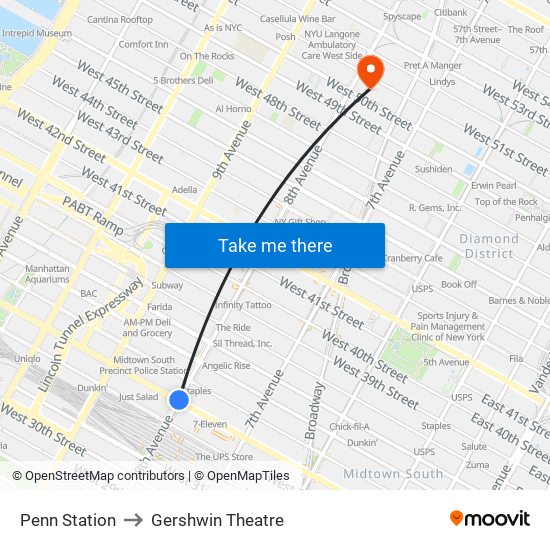 Penn Station to Gershwin Theatre map