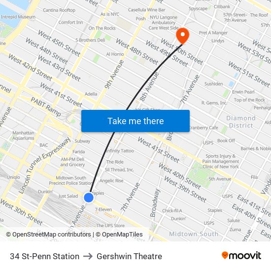 34 St-Penn Station to Gershwin Theatre map