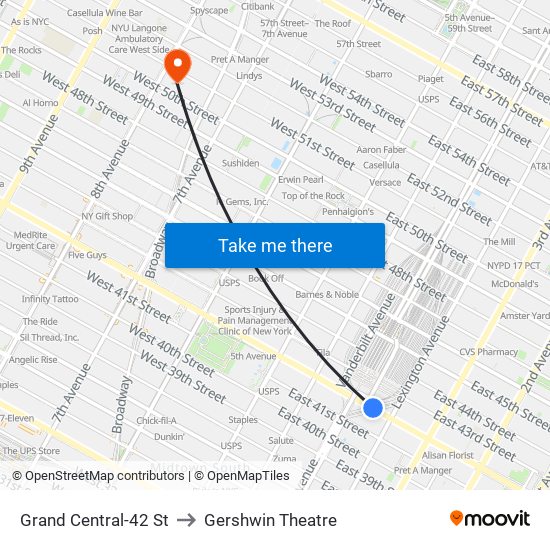 Grand Central-42 St to Gershwin Theatre map
