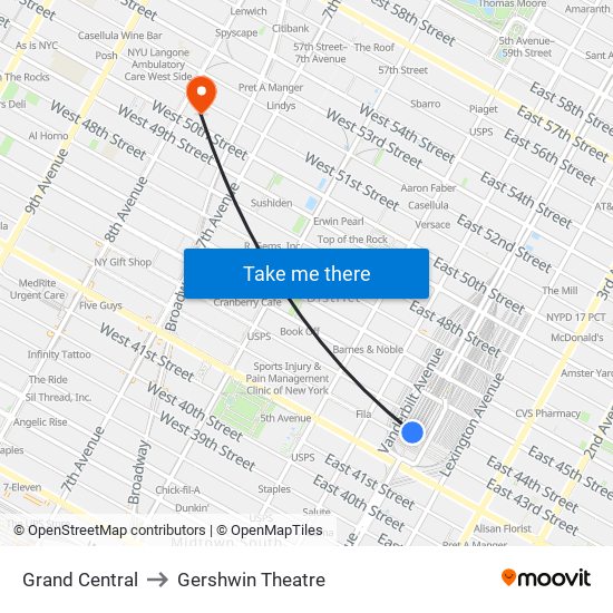 Grand Central to Gershwin Theatre map