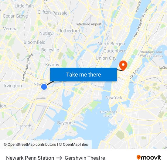 Newark Penn Station to Gershwin Theatre map