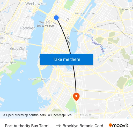 Port Authority Bus Terminal to Brooklyn Botanic Garden map