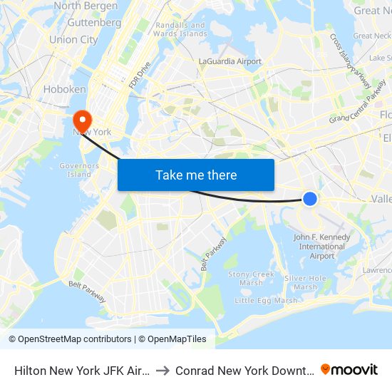 Hilton New York JFK Airport to Conrad New York Downtown map