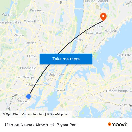 Marriott Newark Airport to Bryant Park map